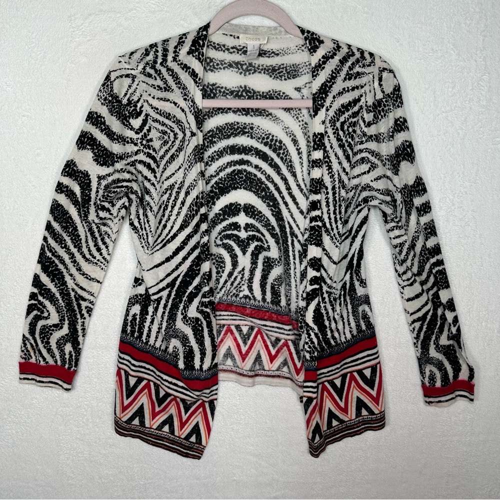 Chicos Cardigan Sweater Duster Sz M/ 1 White Black Red Zebra Print‎